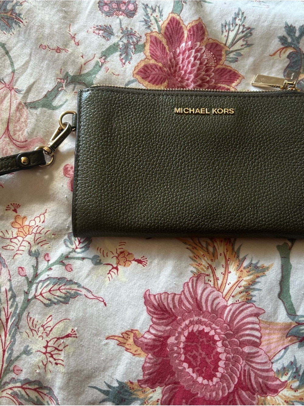Michael Kors Olive Green Pebbled Leather Wristlet with Gold Hardware